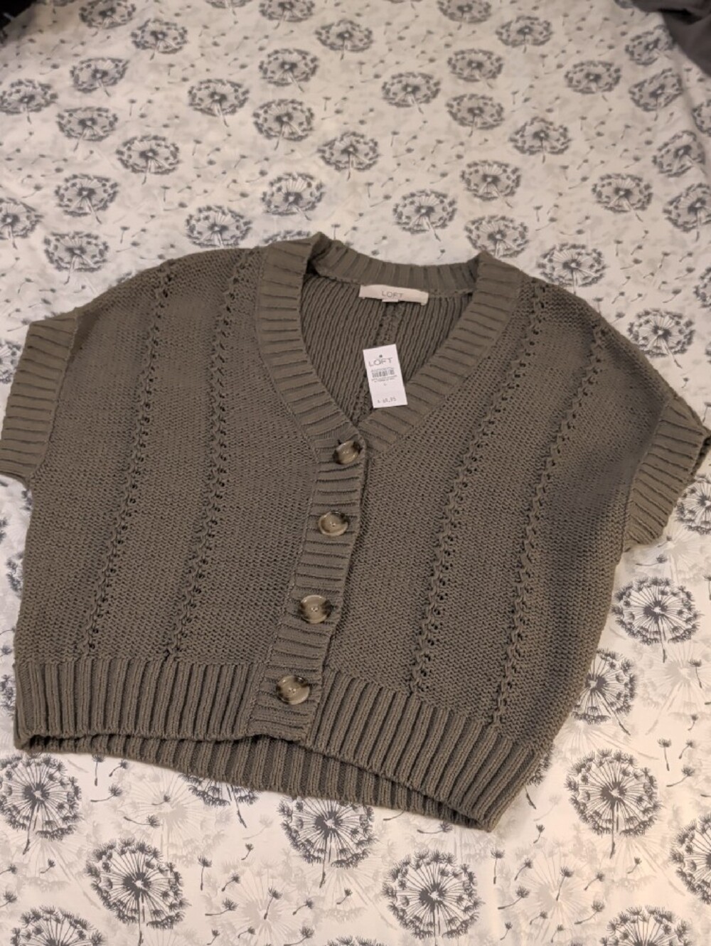 NWT - LOFT Olive Green Cropped Short-Sleeve Button Cardigan - Picture 4 of 7